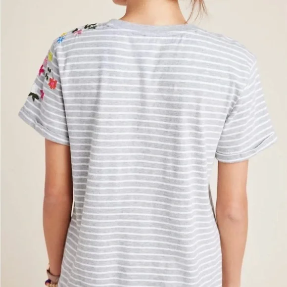 Anthropologie Gray and White Embellished Short Sleeve Tee - Picture 4 of 6